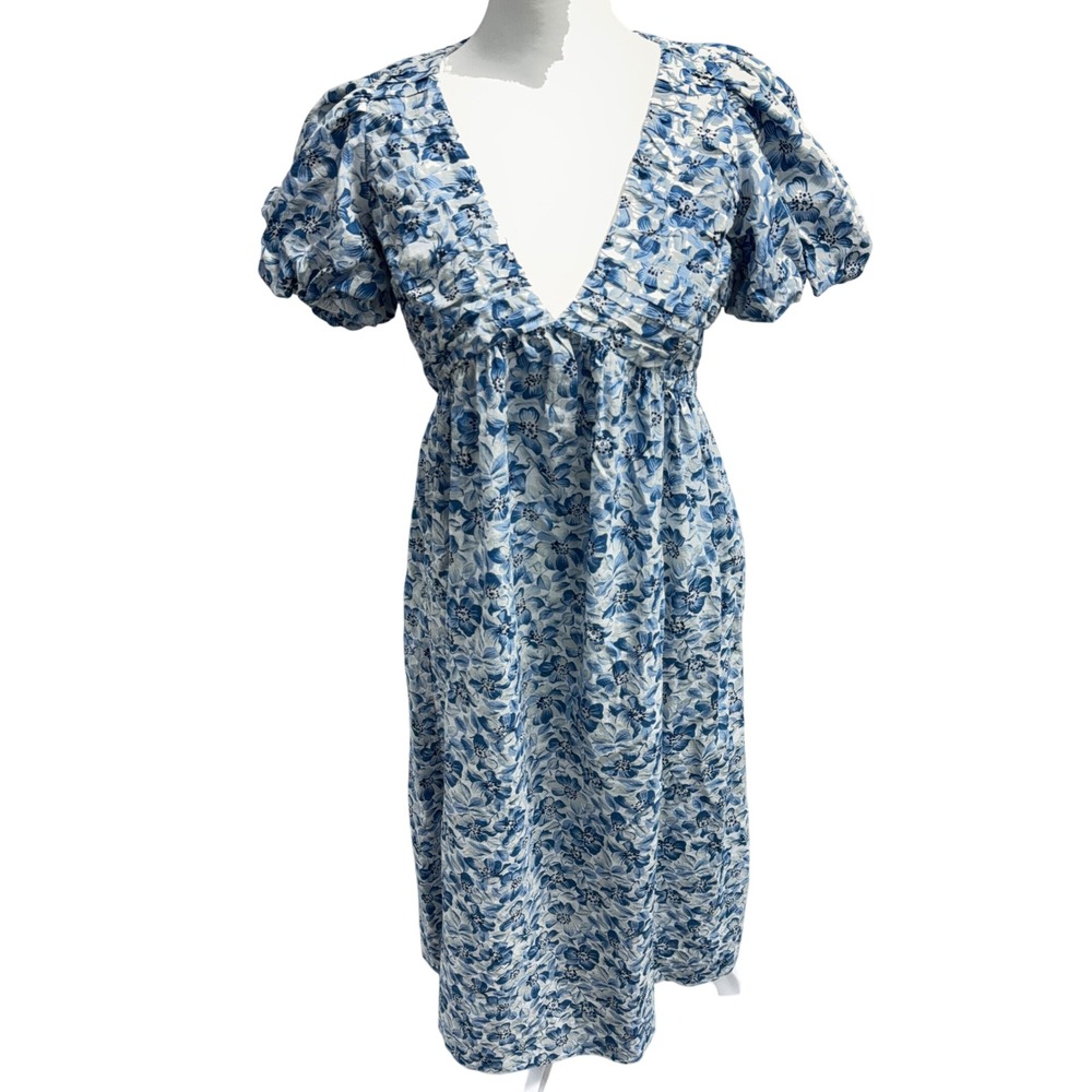 THE GREAT Gallery Floral Midi Dress Womens 0 / XS Cotton Puff Sleeve V-Neck Boho